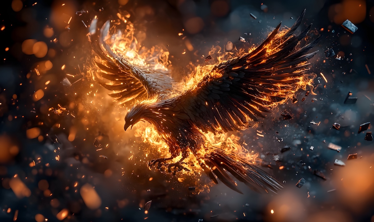 Fallen Digital Phoenix Symbolic Collapse and Failure of Tech Startups During Market Downturns and Economic Turmoil Representing the Challenges of Innovation and Growth in Volatile Times